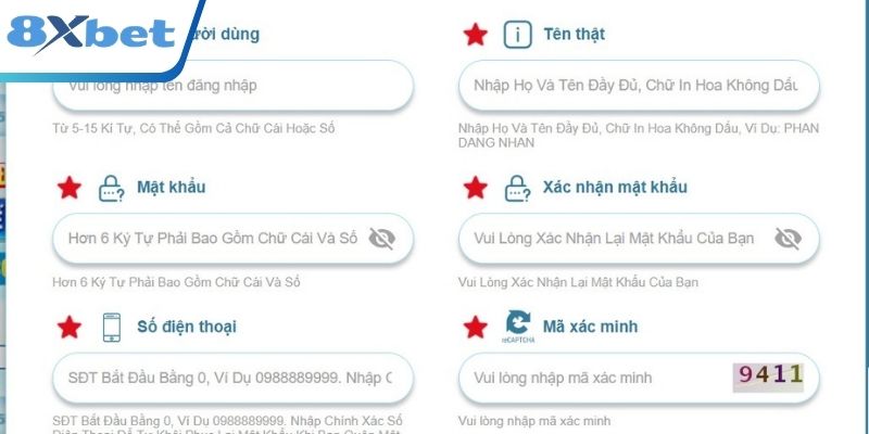 Nhập đầy đủ thông tin đăng ký 8XBET theo đúng yêu cầu